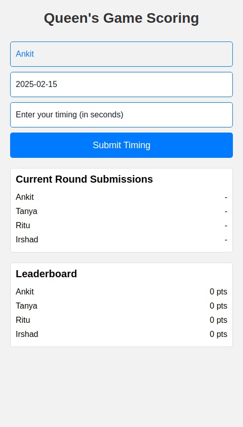 I want to build a scoring app for game Queen’s (linkedin games) 

There are four firmds who are playing it - Ankit, Tanya, Ritu & Irshad! Build a platform where each one can individually submit their timing of the game! Once timing is punched convert it in score! The lowest timing will get 4 and highest time will get 1. Make a leaderboard which show the aggregated winner.