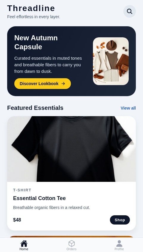 I want a website for clothing brand, add search button on the top right, add some samples like t shirt, jeans, and in the bottom put home page, profile.