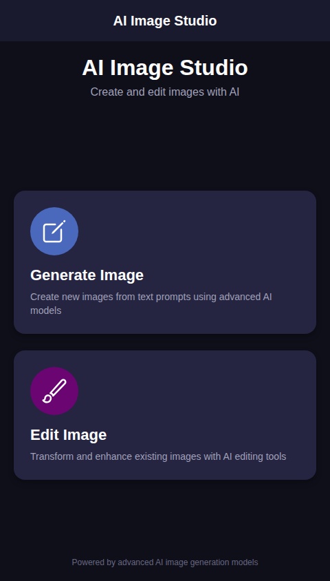 Create me an app for ai image generation and editing, the user should be able to select in the homescreen if he wants to generate images or edit images.
For editing images use: https://huggingface.co/spaces/ByteDance/DreamO

For generating images use:

https://huggingface.co/spaces/NihalGazi/FLUX-Pro-Unlimited

Or use:

https://huggingface.co/spaces/HiDream-ai/HiDream-I1-Dev

Add an prompt enhancer to enable or disable to make an LLM enhance the prompt to be more detailed.

Make it all work in app with different aspect ratio selections etc