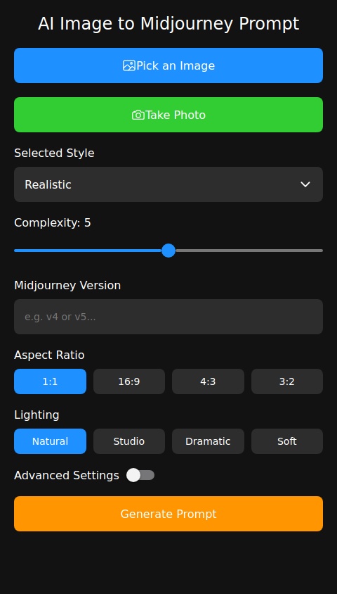 Create me an AI that turns images into midjourney prompts to generate similar images, make the text so i can copy paste it into midjourney, create a very smooth UI and a cool looking one, make it simple but add alot of settings