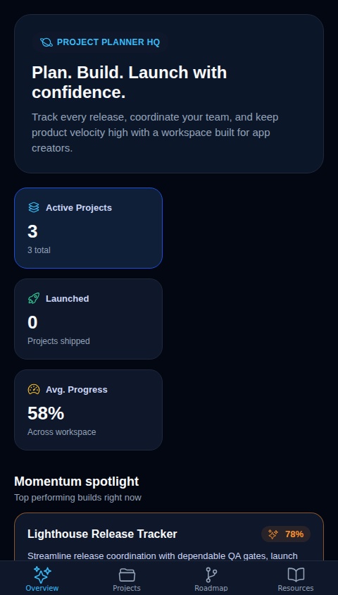 An app called Project Planner for app developers where users can plan and track their app development projects