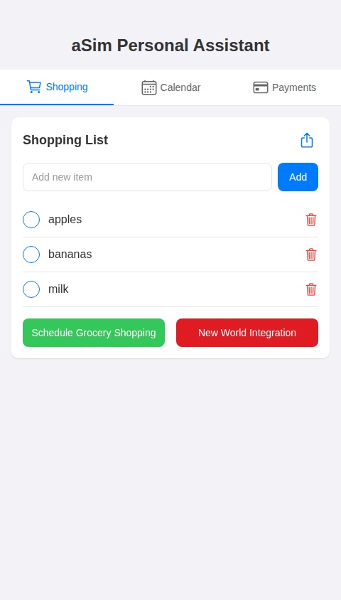 class aSim:
    def __init__(self, user_id):
        self.user_id = user_id
        self.shopping_list = self._get_reminders_shopping_list()
        self.calendar = self._get_calendar_events()
        self.payment_methods = self._load_payment_methods()
        self.house_fund_percentage = 0.01 # 1%

    def _get_reminders_shopping_list(self):
        """
        Conceptual function to fetch the 'Shopping List' from the Reminders app.
        This would likely involve interacting with the operating system's APIs
        or a third-party library if available.
        """
        print("Fetching shopping list from Reminders...")
        return ["apples", "bananas", "milk"] # Placeholder data

    def _get_calendar_events(self):
        """
        Conceptual function to fetch calendar events. Similar to Reminders,
        this would require OS-level or library integration.
        """
        print("Fetching calendar events...")
        return {
            "2025-05-18": ["Morning Meeting", "Lunch with friend"],
            "2025-05-19": ["Gym", "Grocery Shopping"]
        } # Placeholder data

    def _load_payment_methods(self):
        """
        Conceptual function to load saved payment methods for the user.
        This would involve secure storage and retrieval of sensitive data.
        """
        print("Loading payment methods...")
        return ["Visa ****-1234", "Mastercard ****-5678"] # Placeholder data

    def check_and_schedule(self):
        """
        Checks the shopping list and schedules a grocery trip based on calendar availability.
        """
        if self.shopping_list:
            print("Shopping list:", self.shopping_list)
            available_days = [day for day, events in self.calendar.items() if "Grocery Shopping" not in events]
            if available_days:
                scheduled_day = available_days[0] # Simple scheduling: pick the first available day
                self.calendar.setdefault(scheduled_day, []).append("Grocery Shopping")
                print(f"Grocery shopping scheduled for {scheduled_day}.")
            else:
                print("No available time slots for grocery shopping.")
        else:
            print("Shopping list is empty.")

    def make_payment(self, amount, payment_method):
        """
        Conceptual function to process a payment. This would involve integration
        with a payment gateway (e.g., Stripe, PayPal).
        """
        if payment_method in self.payment_methods:
            print(f"Processing payment of ${amount} using {payment_method}...")
            house_fund contribution = amount * self.house_fund_percentage
            print(f"Contributing ${house_fund:.2f} to your house fund.")
            # In a real app, you'd interact with a payment API here
            return True
        else:
            print("Invalid payment method.")
            return False

    def interact_with_new_world(self, items_to_add):
        """
        Conceptual function to interact with New World (e.g., via an API if available)
        to add items to a potential online order or check availability.
        """
        print(f"Interacting with New World to add: {items_to_add}")
        # This would likely involve making API calls to New World if they have one
        print("Items added to New World (conceptually).")

# Example Usage
user_app = aSim("user123")
user_app.check_and_schedule()
user_app.make_payment(50.00, "Visa ****-1234")
user_app.interact_with_new_world(user_app.shopping_list)
print("Updated Calendar:", user_app.calendar)
