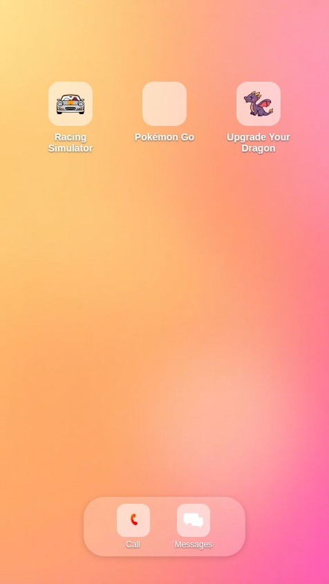 Create a native mobile app that simulates an iPhone home screen. This home screen will serve as a launcher for several functional mini-apps.

The main screen should display a grid of app icons against a standard wallpaper. The icons should be for:
- Racing Simulator
- Pokémon Go
- Messages
- Call
- Upgrade Your Dragon

Each icon, when tapped, should launch a dedicated mini-app. The functionality for each mini-app is as follows:

1.  **Home Screen:**
    *   Display a grid of tappable icons for the mini-apps listed above.
    *   Include a dock at the bottom with the "Call" and "Messages" icons.

2.  **Racing Simulator (Mini-Game):**
    *   A simple, 2D top-down racing game.
    *   The user controls a car that is always moving forward.
    *   The user can tap the left or right side of the screen to move the car and dodge obstacles (e.g., other cars or cones).
    *   The game ends when the user hits an obstacle, and their score (time survived) is displayed.

3.  **Pokémon Go (Simplified Version):**
    *   This will be a simplified "creature collector" and not use GPS or AR.
    *   The screen will show a static outdoor background.
    *   Every few seconds, a random creature (e.g., a simple monster sprite) will appear on the screen.
    *   Users can tap the creature to "catch" it.
    *   A "Collection" button will show all the creatures the user has caught. This data should be saved for the user.

4.  **Messages (Mock App):**
    *   Displays a list of fake chat conversations (e.g., "Mom", "Alex", "Work Group").
    *   Tapping a conversation opens a screen showing a pre-written, non-interactive chat history.
    *   The user cannot send new messages; this is a view-only mock.

5.  **Call (Mock App):**
    *   Opens a screen with a dial pad (buttons 0-9, *, #).
    *   Users can tap numbers, which appear in a display field at the top.
    *   A green "Call" button is present but will only show an alert like "Calling..." for a moment before dismissing. It will not make a real phone call.

6.  **Upgrade Your Dragon (Mini-Game):**
    *   The screen shows a single dragon character.
    *   Below the dragon are three buttons: "Feed," "Train," and "Play."
    *   A "Level" indicator is displayed for the dragon.
    *   Tapping the buttons increases the dragon's stats (e.g., happiness, strength) and contributes to leveling up.
    *   The dragon's level and stats should be saved persistently for the user.

Each mini-app should have a "back" or "home" button to return to the main home screen launcher.
