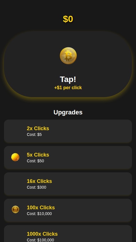 Create a "clicker" game app with the following features:

1.  **Main Screen:**
    *   Display the user's current cash balance at the top of the screen.
    *   Feature a large, central button that the user can tap. Each tap should increase the user's cash balance.
    *   The initial value of each click is $1.

2.  **Upgrades System:**
    *   Display a list of available upgrades that the user can purchase with their cash.
    *   Each upgrade increases the amount of cash earned per click (the "click multiplier").
    *   The upgrades are:
        *   **Cost: $5**, Multiplier: **2x**
        *   **Cost: $50**, Multiplier: **5x**
        *   **Cost: $300**, Multiplier: **16x**
        *   **Cost: $10,000**, Multiplier: **100x**
        *   **Cost: $100,000**, Multiplier: **1000x**
        *   **Cost: $1,000,000**, Multiplier: **10,000x**
    *   A user should only be able to purchase an upgrade if they have enough cash.
    *   Once an upgrade is purchased, the cost should be deducted from the user's balance, and their cash-per-click value should be updated immediately. The purchased upgrade should no longer be available.

3.  **Backend and Data:**
    *   Use a database to store each user's progress.
    *   The user's current cash balance and their current click multiplier must be saved persistently. When the user re-opens the app, their progress should be loaded automatically.
    *   All data should be linked to the currently logged-in user.
