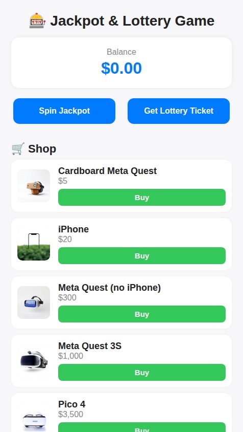 This is a game where you spin a jackpot machine or you can get a lottery ticket and you can earn money. The lottery ticket have 100% chance 4 $0.50 percent chance for five dollars one percent chance for $100 now same for the wheel And what can you buy for five dollars a cardboard Meta quest for $20 you can buy an iPhone Meta quest does not include iPhone for $300. You can get a Meta quest 3S for $1000. You can get a pico 4 for $3500. You can get a Vision Pro for $10 billion. You can get a Rolls-Royce and yeah that’s it.