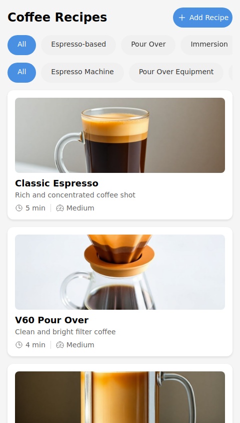 Coffee app. Shows different recipes for coffee. For example, Americano, French press, pour over. Generalize by categories of coffee, and add filters by toolsets (espresso machine, pour over, French press)

Then allow for different recommendations of beans.

Then also have separate tab for recipes that can also be shared with friends and you can see what other recipes friends have made.