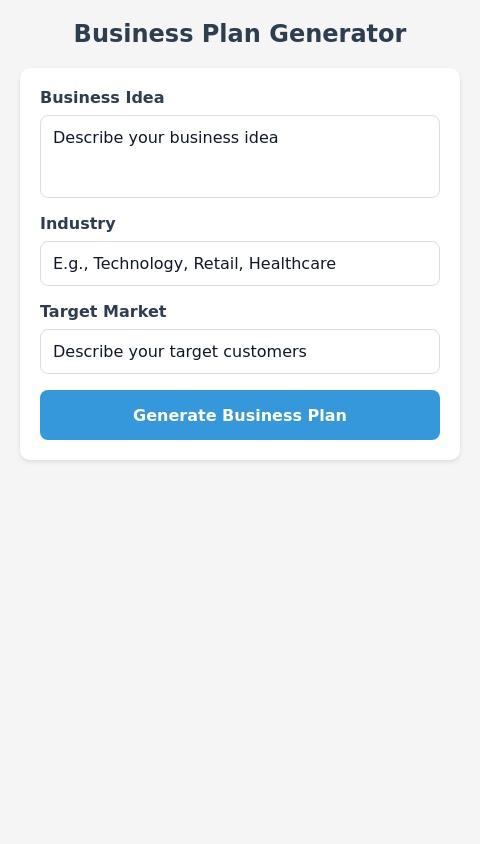 Create a business planning app that creates a. Comprehensive business plan for the provided idea