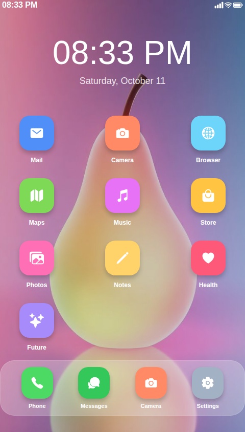 Create a native mobile app that simulates the "Pear" phone operating system and user experience. The app will act as an interactive demo for potential customers.

The app should include the following core features:

1.  **Home Screen Simulation**:
    *   Replicate the look and feel of a "Pear" phone's home screen.
    *   Display a grid of pre-installed, non-functional app icons (e.g., "Pear Mail," "Pear Camera," "Pear Browser").
    *   Include a dock at the bottom with essential app icons like Phone, Messages, and Settings.

2.  **Interactive Demo Apps**:
    *   **Phone App**: Tapping the "Phone" icon should open a screen that looks like a dialer. Users can tap numbers, but no actual calls will be made. Include a fake contacts list.
    *   **Messages App**: Tapping the "Messages" icon should open a simulated messaging interface with a few pre-written, read-only conversations to showcase the UI.
    *   **Camera App**: Tapping the "Camera" icon should open a basic camera interface. Allow the user to take a picture using their device's camera. The photo should be viewable in a simulated "Pear Photos" app but not saved to the user's actual device gallery.
    *   **Settings App**: Tapping the "Settings" icon should open a list of simulated settings (e.g., Wallpaper, Display, Sounds). Tapping on "Wallpaper" should allow the user to change the home screen wallpaper within the simulation from a pre-set collection of images.

3.  **Notification Center**:
    *   Implement a pull-down gesture from the top of the screen to reveal a simulated notification center.
    *   Display a few static, pre-written example notifications to demonstrate how they would look on a "Pear" phone.

4.  **Overall Design**:
    *   The entire app's user interface should be a faithful, high-quality simulation of the "Pear" phone's unique design language, including icons, fonts, and animations.
    *   The experience should be contained entirely within the app, acting as a sandbox that doesn't affect the user's actual phone.
