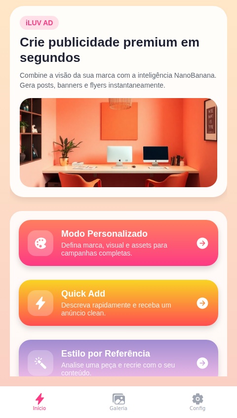 🧠 DOCUMENTO FINAL DE INSTRUÇÃO

Aplicativo: iLUV AD

Categoria: Design Gráfico com Inteligência Artificial

Versão: 1.1 (sem sistema de login)


---

🪶 1. Descrição Geral

O iLUV AD é um aplicativo de criação inteligente de publicidades profissionais, que usa IA avançada integrada ao NanoBanana para gerar automaticamente posts, banners, flyers e anúncios de redes sociais, com qualidade de um designer gráfico profissional.

Diferente de outras plataformas, o iLUV AD não exige login nem criação de conta.
O utilizador entra e cria publicidades de imediato, com total liberdade e foco no essencial: ideia, design e resultado.


---

🎯 2. Propósito

Simplificar e democratizar o design publicitário profissional, permitindo que qualquer pessoa crie peças visuais personalizadas, rápidas e de alto nível estético, apenas com descrições ou voz.


---

👥 3. Público-Alvo

Pequenos empresários e comerciantes locais

Criadores de conteúdo e influenciadores

Jovens empreendedores digitais

Pessoas sem experiência em design que querem criar anúncios rápidos e bonitos



---

⚙️ 4. Funcionalidades Principais

🧩 A. Criação Personalizada de Publicidades

O utilizador pode:

1. Escrever o nome da marca.


2. Fazer upload do logotipo (opcional).


3. Adicionar imagens de produtos ou elementos (ex: garrafa, cone de pipoca, etc.).


4. (Opcional) Adicionar imagem de modelo ou pessoa de referência.


5. Descrever o tipo de publicidade desejada, de duas formas:

Digitando no campo de texto (com sugestões automáticas).

Falando por voz, e a IA transcreve automaticamente o pedido.




A inteligência artificial interpreta o pedido, mesmo que ele seja amador, e cria uma versão aprimorada, com composição profissional, fontes adequadas e equilíbrio visual.


---

⚡ B. Quick Add (Anúncio Rápido)

Modo de geração instantânea:

O utilizador fornece apenas informações básicas (ex: “anúncio para uma palestra amanhã no hotel X”).

A IA cria um post rápido, com design simples, limpo e adequado à ocasião.

Ideal para quem quer rapidez sem configurar uma marca.



---

🧱 C. Gestão de Marcas e Projetos (sem login)

Mesmo sem conta, o utilizador pode criar marcas e projetos locais dentro do próprio dispositivo:

Criar múltiplas marcas (armazenadas localmente no app).

Cada marca contém:

Nome, logotipo e paleta de cores

Projetos (ex: campanhas específicas)

Histórico de imagens geradas


O utilizador pode voltar mais tarde e continuar de onde parou.


(Todos os dados são guardados localmente no aparelho; nenhuma informação é enviada para servidores.)


---

🧠 D. Inteligência Criativa

A IA do iLUV AD comporta-se como um designer gráfico experiente:

Interpreta e melhora o pedido do utilizador.

Seleciona cores, fontes e layouts profissionais.

Usa textos publicitários bem redigidos e estratégicos, substituindo frases amadoras.

Ajusta cenários, poses e iluminação, mantendo fidelidade aos elementos de referência.

Evita distorção de textos — aplicando técnicas de textualização nítida e realista.

Posiciona o texto em pontos estratégicos para equilíbrio estético.

Usa pouco texto, mas com impacto visual e comercial.



---

💬 E. Sistema de Descrição Inteligente

Campo de descrição com sugestões automáticas, com base no tipo de negócio (alimentação, moda, tecnologia, eventos, etc.).

Possibilidade de ditar por voz; a IA transcreve automaticamente.

Se o pedido for confuso, a IA interpreta e reescreve internamente um briefing otimizado antes de criar o design.



---

📥 F. Download e Exportação

O utilizador pode baixar as imagens geradas em:

PNG (alta qualidade)

JPG (uso rápido)

PDF (para impressão)


As imagens podem ser guardadas localmente no dispositivo.

O utilizador pode criar pastas locais por marca para organizar os projetos.



---

🎨 5. Design da Interface (UI/UX)

Interface imediata: o utilizador entra e começa.

Navegação simples:
Início → Escolher Modo (Personalizado / Quick Add) → Criar Publicidade → Download.

Estilo visual:

Minimalista, mas vibrante.

Cores vivas e suaves inspiradas em energia criativa.

Ícones arredondados e animações leves.


Frases e dicas curtas orientam o utilizador (“Fale a sua ideia”, “Carregue o logotipo”, “Gerar Publicidade”).



---

🧱 6. Arquitetura Técnica Recomendada

IA de imagem: NanoBanana API

IA de texto e voz: LLM + Whisper (ou similar)

Armazenamento: Local Storage / SQLite / IndexedDB

Frontend: Flutter / React Native (para Android, iOS e Web)

Sem login – os dados ficam no dispositivo do utilizador

Exportação direta: sistema nativo de download e partilha (Share Sheet)



---

🔒 7. Privacidade e Segurança

Nenhum dado pessoal é recolhido.

Todos os projetos e imagens ficam no dispositivo.

O utilizador pode apagar tudo manualmente.

O app não exige registo, senha nem login.



---

🌈 8. Identidade Visual

Nome: iLUV AD

Significado: “I Love Advertising” – celebração do design e da expressão visual.

Estilo:

Mistura de sofisticação lusófona com energia criativa angolana.

Paleta: tons terra, dourado, coral e azul-escuro.

Tipografia: moderna, suave, com identidade própria.




---

🚀 9. Visão Futurista

O iLUV AD é um designer digital independente, capaz de entender marcas e criar publicidade profissional em segundos.
No futuro, ele poderá:

Lembrar preferências visuais (cores, estilos, tipografia).

Criar anúncios automáticos baseados em datas e eventos locais.

Gerar vídeos curtos e animações a partir das imagens criadas.



---

🧩 10. Estrutura Lógica Simplificada

iLUV AD
 ├── Início
 │    ├── Escolher modo: [Personalizado] / [Quick Add]
 │    └── Dicas iniciais
 ├── Modo Personalizado
 │    ├── Nome da marca
 │    ├── Upload (logo, produtos, modelo)
 │    ├── Descrição (texto/voz)
 │    ├── Geração por IA
 │    └── Visualização e Download
 ├── Modo Quick Add
 │    ├── Descrição simples (texto/voz)
 │    ├── Geração imediata
 │    └── Download
 ├── Galeria Local
 │    ├── Projetos salvos
 │    └── Eliminar / Editar / Regerar
 └── Configurações
      ├── Idioma
      └── Sobre o App
Na secção sobre o irá conter as informações do criador no caso as redes sociais que é@Lemos iluv  juntament com a sua imagem