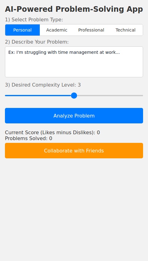 Create an AI-powered problem-solving app designed to assist users in tackling real-world challenges efficiently. The app should feature an intuitive interface where users can describe their problems in detail, whether personal, academic, professional, or technical. Using advanced AI algorithms, the app should analyze the issue, break it down into manageable components, and provide step-by-step solutions or multiple strategies tailored to the user’s specific needs. The app should incorporate interactive tools such as mind maps, decision trees, and brainstorming templates to enhance problem-solving. Additionally, it should include collaborative features, allowing users to seek input from experts, mentors, or a community of problem-solvers. A machine learning system should continuously improve recommendations based on user feedback and past interactions. The app should also offer integration with external knowledge sources, such as research papers, online courses, and expert databases, to provide in-depth insights. The design should prioritize user engagement through gamification, achievements, and challenges that encourage continuous learning and creative thinking. Security and privacy must be top priorities, ensuring encrypted data storage and user anonymity if required. The overall goal is to create a smart, adaptable, and interactive platform that empowers users to think critically, innovate, and find effective solutions to diverse problems.