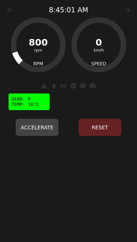 Create a very realistic car dash with tacho and speedometer all little lights turn signal a small screen time and what car problem and a button which raises the rpm and kmh speed after let go lowers also rmp shifts gears and random engine promblems sometimes with reset switch