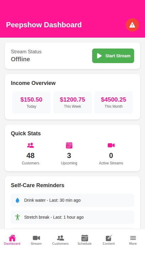 Peepshow is an app created by a cam model specifically for cam models. It serves as a one-stop-shop for busy webcam performers, combining business management and personal assistant features.
**Key Features:**
1. **Scheduling and Time Management:**
- Stream Scheduler: Sync all your cam platforms for private shows.
- Custom Video Deadlines: Manage personal appointments and daily to-do lists.
- Routine Tracker: Keep track of scheduled go-lives, custom shoots, and content drops.
- Self-Care Reminders: Get prompts for hydration, workouts, and breaks.
2. **Stream Tracker:**
- Built-in Timer: Manage show lengths, breaks, and productivity sprints.
- Income Tracking: Dashboard to monitor income from various sites, including tips, customs, and offline sales.
- Tax Export: Generate income summaries for month-to-month or quarterly tax preparation.
- Receipt Keeper: Easily snap pictures of your receipts and invoices for tracking purposes.
3. **Customer Management (CRM):**
- Customer Notes: Record information about regulars, including their likes, new fetishes, birthdays, and wishlists.
- VIP Tagging: Label big spenders and regular tippers to prioritize follow-ups.
- Reminders: Set up thank-you note or direct message reminders.
4. **Content Planning:**
- Content Ideas and Planner: Schedule TikTok exposures or Snapchat clips, and keep track of filming status (pending, editing, posted).
- Ideal Bank: Jot down extras and nice touches to enhance your content.
5. **Self-Care Reminders:**
- Prompts to stretch, hydrate, and eat before streaming marathons.
6. **Analytics:**
- Track performance across platforms, determining peak times for engagement.
Peepshow will offer both a free version and a premium version, with the premium subscription priced at $2.99 per month.
**Additional Features:**
- **Safety and Privacy:** Block lists for users, track stalkers and time wasters, and filter notes on those who cancel or fail to pay.
- **Emergency Information:** Quick access to a panic button with pre-filled local authorities and trusted contacts.
With Peepshow, cam models can manage their business efficiently while also prioritizing their well-being.