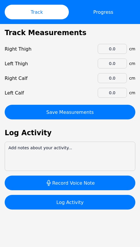 **RebuildLeg** is an app for individuals recovering from leg atrophy, enabling them to track physical activity and monitor progress. Users can log activities with details like duration and intensity and track leg measurements over time with visual charts. Features include daily reminders, customizable goals, and a user-friendly layout with accessible options like large buttons and voice input. The calming design and motivational tools keep users consistent and focused on rehabilitation.