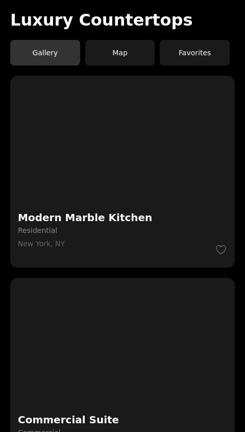 Develop a luxury countertop showcase app with a clean, interactive "lookbook" style that allows clients to swipe through high-quality images of past installations. Organize projects by type or building, each with a brief description, material details, and a zoom feature for close-ups. Integrate an interactive map so clients can see installations by location and tap to view specific project galleries. Include video tours for select projects to give clients a comprehensive visual experience. Add "favorites" and "contact us" features to enhance client engagement and make it easy to inquire about similar work.
