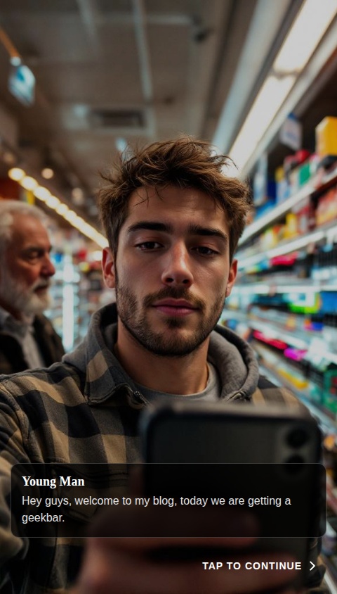 A young man in a store. He is near an old man. The young man then says "he guys, welcome to my blog, today we are getting a geekbar." Then the young man goes up to the old man. The old man has the last vape on the shelf. The old man says "oh well. Thats the last!" In a playful tone. The young man says "give it!" Angrily and hits the old man and steals the geekbar. The screen goes black for a second and the scene switches outside of walmart. The man is running away from the cops in a shocked expression, out of breath, the man says "damn, that old man was crazy!". The end.