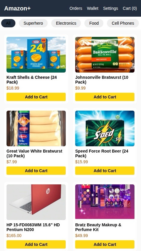 I’m building a Amazon market e-commerce app where it sells Amazon products and plus Superhero products which give you power like The Flash which sells The Flash speed force device and different products from Amazon and has same functionality. Amazon has the same settings. Amazon has the same tracking tracking package functionality Amazon the same review package functionality review your order functionality Amazon has everything should be the same like Amazon saying Customer service Amazon Customer service it should be a marketing website for Amazon+￼ and should sell 10 electronic futuristic electronic several different futuristic electronics with hologram AI Gideon watch from the future which is from FLASH then should have food products too search up. There should be a food category to where you can choose any food product. Any groceries? Products and she sells the speed force bracelet FLASH speed force bracelets. You should have all the same functionality and House,, including to create account for Amazon login and when you go check out project check out process will you check out go check it out you should be able to pay your address in and also put your Gmail in and your full name. I want digital Visa card built into the Amazon with $50,000. And I also want to sell cell phones too, like the iPhone feature to iPhone.