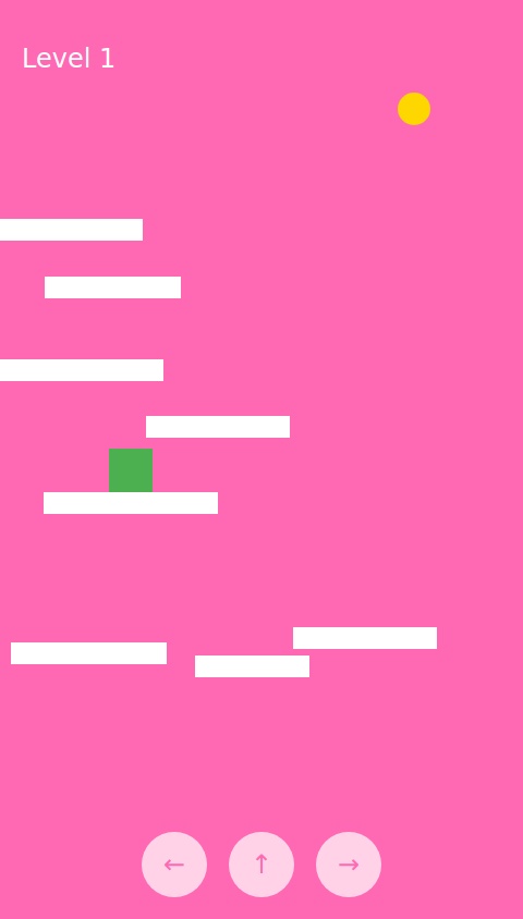 make a game about a green cube that jumps around a Platforms like Mario with a pink background with randomly generated levels with arrows to control his movement and a golden ball to transport you to next level. when you hit the golden ball make it say congrats! and then next. when you hit next kt should bring you to another randomly generated level.