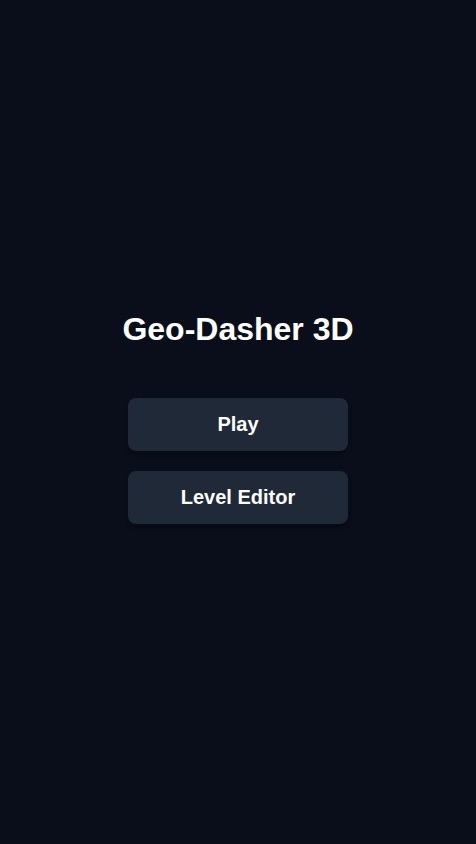 Create a 3D runner game inspired by Geometry Dash. The app should feature a main menu and a basic 3D level editor.

The app should have three main screens:

1.  **Main Menu Screen:**
    *   Display the game title "Geo-Dasher 3D".
    *   Include two large, clear buttons: "Play" and "Level Editor". The buttons should have a simple 3D aesthetic.

2.  **3D Game Screen:**
    *   Accessed by tapping the "Play" button.
    *   The camera should be positioned behind a player-controlled cube, looking forward down a long, straight path or track.
    *   The cube moves forward automatically at a constant speed.
    *   Tapping anywhere on the screen makes the cube jump. Implement basic 3D physics for the jump (moving up and down on the Y-axis while continuing forward on the Z-axis).
    *   The level should contain static 3D obstacles on the path, such as cubes to jump over.
    *   If the player's cube collides with an obstacle, the level immediately restarts.

3.  **3D Level Editor Screen:**
    *   Accessed by tapping the "Level Editor" button.
    *   Display the level path from a top-down or isometric perspective to facilitate object placement.
    *   Provide a simple UI toolbar with icons for 3D objects the user can place (e.g., a cube obstacle).
    *   Users should be able to tap on the path to place the selected 3D object at that location.
    *   Include a "Save" button (this can be non-functional for now).
