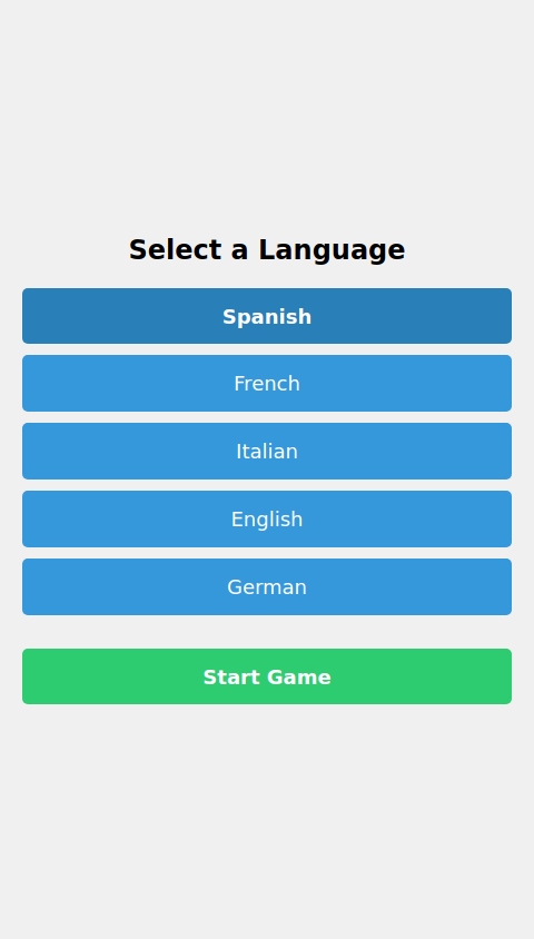 A language learning app that generates sentences of a story in the new language with missing words and then gives you two options to fill it in, one right and one that doesn't work. When you fill it in wrong it shows up red and then you have to select the right one. When you fill it in right, the sentence completes, and then the next sentence of the story is generated below the first with a new missing word. This continues until the story is complete. The app is available for learning Spanish, French, Italian, English, and German