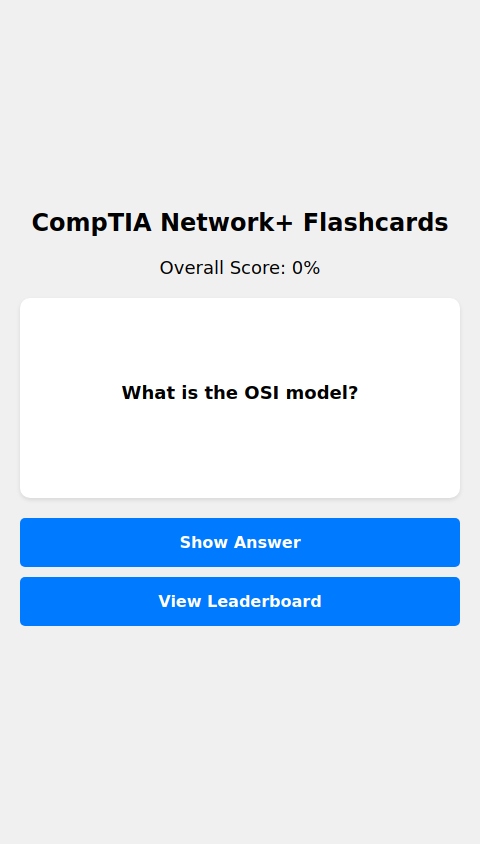 An app that has hundreds of flashcards for the comptia network+ exam and tracks your progress, giving you harder questions as you improve 