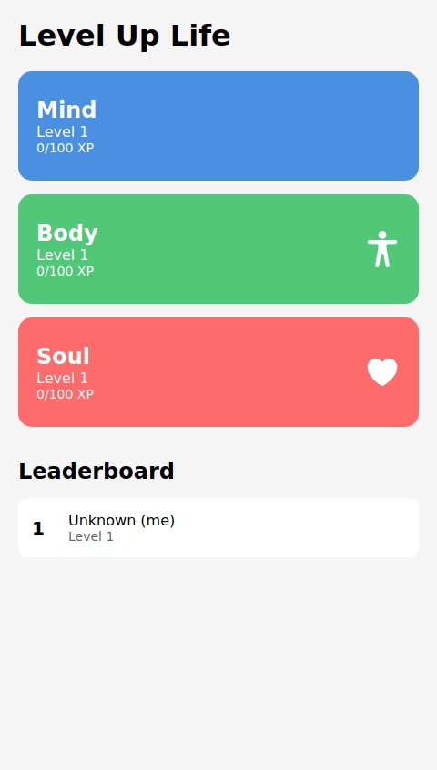 

LEVEL UP Life Gamification:

	•	Prompt: “Create an app that gamifies my personal growth, like leveling up my mind, body, and soul, with quests, rewards, and badges. Each category has daily challenges and an overall ‘questline’ for big achievements.”
	•	Features: Quests for each area, from fitness routines to meditation challenges, plus an XP system where you can see yourself leveling up. You could even have “loot boxes” that give you surprise tips or motivational quotes.
