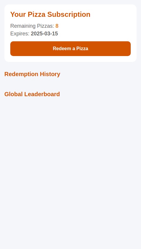 Pizza subscription and redemption tracking app