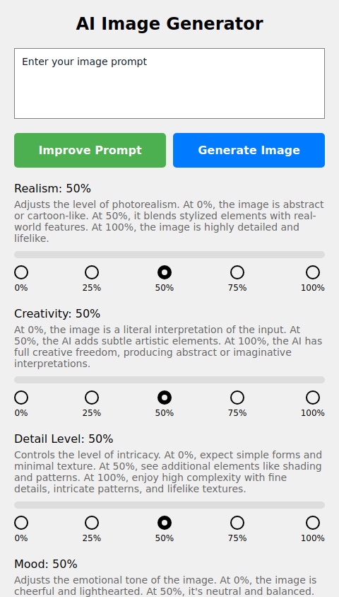 Create an app which can be used to generate images. Include customized sliders to apply various weights and modifications to the generated image. Sliders/options include: realism, creativity level, detail level, mood, color palette, framing