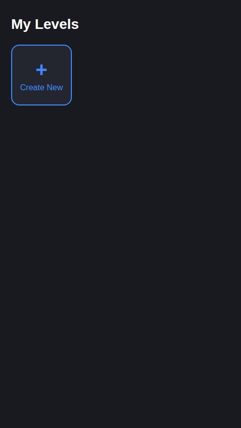 Create a 2D platformer game-maker app with two distinct modes: Build Mode and Play Mode.

**1. Main Screens & Navigation:**
   - **My Levels Screen:** The main screen that shows a gallery of levels the user has created. Each level should be represented by a thumbnail. Tapping a level gives options to "Play" or "Edit". There should also be a "Create New Level" button.
   - **Build Mode Screen:** A level editor. This screen should have a main grid-based canvas for level design and a palette/toolbar at the bottom with all available game items.
   - **Play Mode Screen:** The screen where the user plays the level. It should render the level created in Build Mode and include on-screen controls for the player character.

**2. Build Mode Functionality:**
   - **Item Palette:** A scrollable bar containing icons for all placeable items:
      - Standard Block
      - Lava Block
      - Player Spawn Point
      - Goal Block (e.g., a flag)
   - **Placing Items:** The user can tap an item in the palette to select it, then tap on the grid to place it.
   - **Block Customization:**
      - **Resizing:** When a user double-taps a placed block, show arrow controls to increase or decrease its size horizontally and vertically.
      - **Custom Texture:** When a user taps a placed block three times, open the device's image picker to let them select a photo to apply as the block's texture.
   - **Controls:** Include buttons to "Save" the level, "Play Test," and go "Back" to the My Levels screen.

**3. Play Mode Functionality:**
   - **Level Rendering:** Dynamically build and display the level based on the saved data from Build Mode.
   - **Player Character:**
      - Include a default player character that appears at the "Player Spawn Point" location.
      - Implement on-screen controls: left/right arrows for movement and a button for jumping.
   - **Game Rules:**
      - **Collision:** The character should be able to stand on and collide with Standard Blocks.
      - **Hazards:** If the character touches a "Lava Block," they should "die" and respawn at the Player Spawn Point.
      - **Winning:** If the character touches the "Goal Block," display a "You Win!" message and provide an option to return to the My Levels screen.

All level data, including block positions, sizes, and custom images, should be stored persistently in a database and linked to the user who created them.
