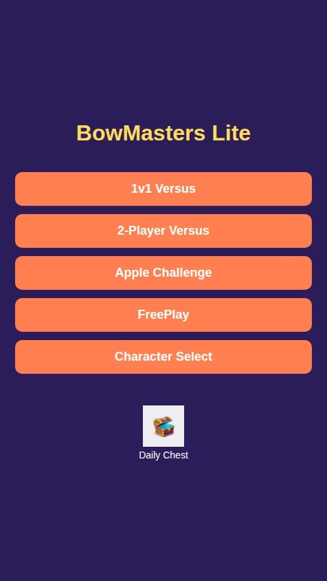 Create a 2D physics-based trajectory shooter game, similar to Bowmasters, with a vibrant and playful art style. The game should be built with the following core features and game modes accessible from a main menu:
1. **Core Game Mechanics:**
* Implement turn-based, 1v1 combat where players control a character.
* Players aim by dragging on the screen to set the angle and power of their shot.
* Characters should have distinct appearances and unique projectiles.
* Include a health bar for each character. The first to reduce the opponent's health to zero wins.
2. **Main Menu:**
* Design a clear start menu with buttons to navigate to the different game modes ("1v1 Versus", "2-Player Versus", "Apple Challenge", "FreePlay"), the character selection screen, and a "Daily Chest" area.
3. **Game Modes:**
* **1v1 Versus Mode:** Player vs. AI opponent.
* **2-Player Versus Mode:** A local multiplayer mode for two players on one device.
* **Apple Challenge Mode:** A target practice mode. The objective is to shoot an apple off a stationary character's head.
* **FreePlay Mode:** A practice mode where all characters in the game are available for the user to try out against a non-attacking target.
4. **Characters & Progression:**
* Create an initial set of 3-4 unique playable characters.
* Character data (who owns what) should be stored persistently in the database and linked to the user.
5. **Retention & Monetization Systems:**
* **Daily Chest:** A feature on the main menu that allows a user to claim a free reward once every 24 hours. The reward could be in-game currency.
* **VIP Pass:** Implement the logic for a VIP status. If a user has VIP status (a simple true/false flag in their user data for now), they should see a "VIP" icon next to their name or on the main menu.
All game progress, unlocked characters, currency, and VIP status must be saved to the database and associated with the currently logged-in user.