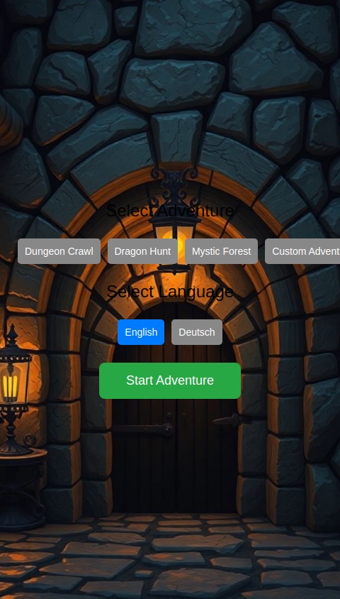 Create me an AI DnD Adventure generator, using an LLM, for background images an ai image generator and for sound effects and background sounds an AI sound effects generator, make it all wirk automatically as the story continues.

The user can either choose from presets or create a custom adventure.

The app should support german and english language.

The app should be a text to Adventure app, where the user chats with the AI (game master) and progressivly continues the adventure