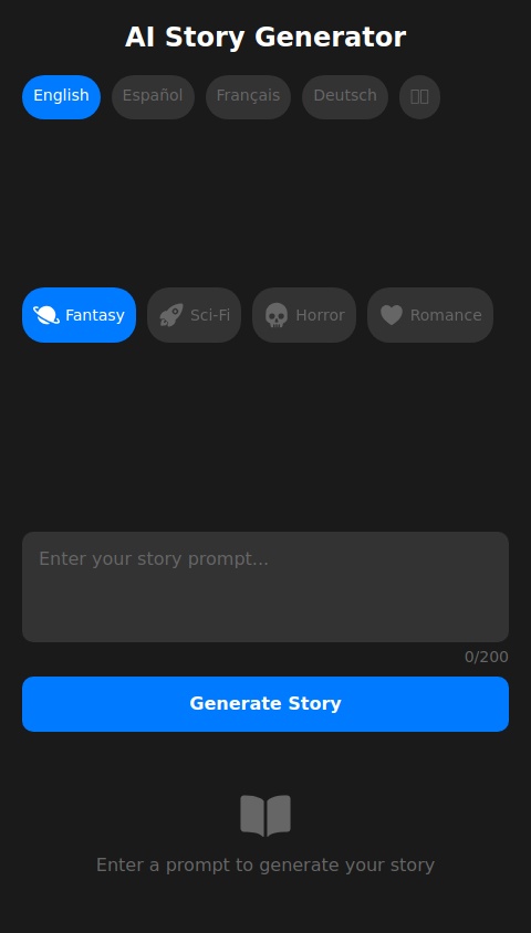 Create me an endless AI story generator using deepseek r1: https://huggingface.co/deepseek-ai/DeepSeek-R1/resolve/main/model-00001-of-000163.safetensors

Add some cool functions, a working UI and different languages.
The stories should be generated from a prompt the user writes