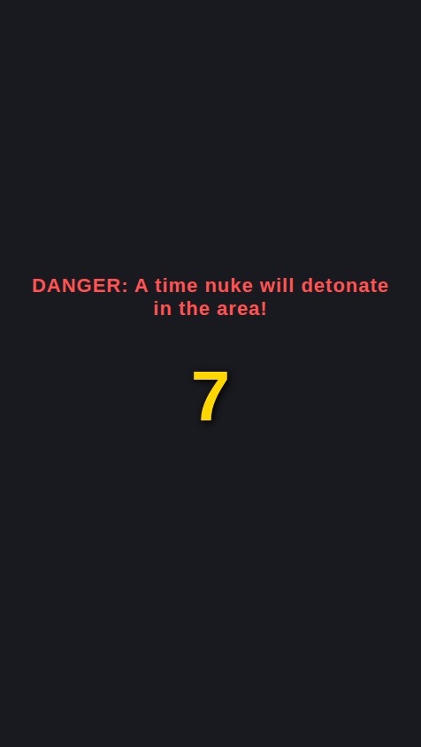 Create a simple choice-based game app called "Time Nuke".

The app should have the following functionality:
1.  **Main Game Screen:**
    *   When the app launches, it should display a warning message like "DANGER: A time nuke will detonate in the area!"
    *   A prominent countdown timer should start at 10 and tick down every second.
    *   When the timer reaches 5 seconds, two buttons must appear below the timer with the options: "Go inside a bunker" and "Steal from the closest grocery store".

2.  **Outcomes:**
    *   **Bunker Choice:** If the user taps the "Go inside a bunker" button, navigate to a new screen that says "You made it to the bunker just in time. You are safe!"
    *   **Steal Choice:** If the user taps the "Steal from the closest grocery store" button, navigate to a new screen that says "You grab some supplies but don't have time to escape. You lose."
    *   **Timeout Failure:** If the timer reaches 0 before the user makes a choice, navigate to a "Game Over" screen that says "You ran out of time! Your phone exploded!"

3.  **Design:**
    *   Use a simple, clean interface.
    *   The timer should be large and easy to read.
    *   The outcome screens should have a button to "Play Again" which resets the app to the main game screen.
