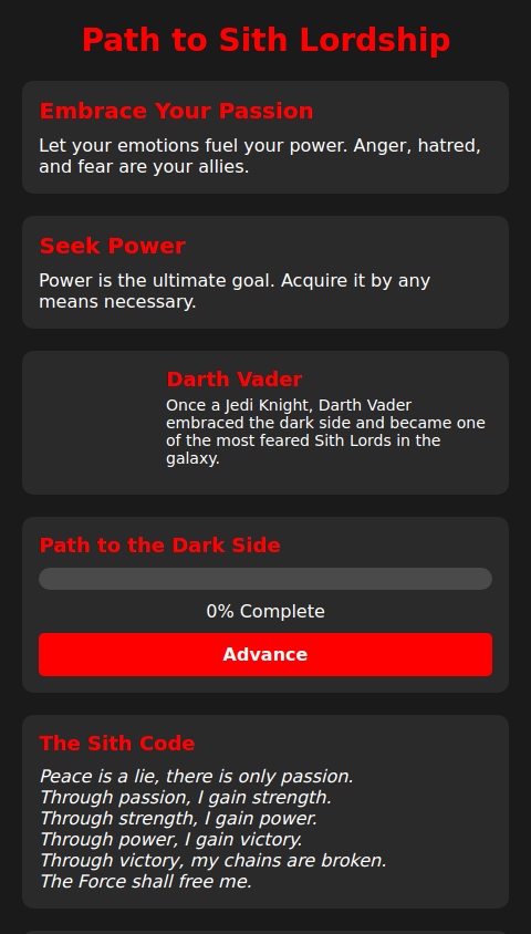 an application that gives proper guidelines on how to become a sith lord!