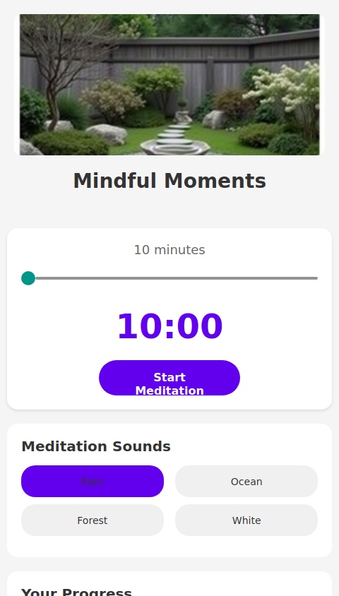 Create a mindfulness meditation app with the following features:
	•	Daily Reminders: Send customizable notifications to remind users to meditate.
	•	Meditation Timer: Allow users to set meditation sessions between 10 to 30 minutes.
	•	Progress Tracking: Monitor and display users’ meditation history and achievements.
	•	Spotify Integration: Enable users to play their preferred meditation music from Spotify during sessions.