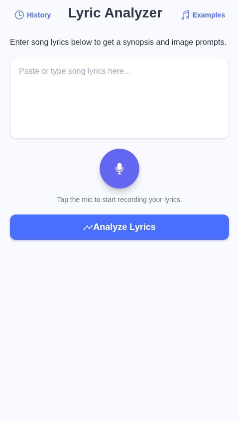 An app that first gives a synopsis on song lyrics then breaks them up into image prompts￼