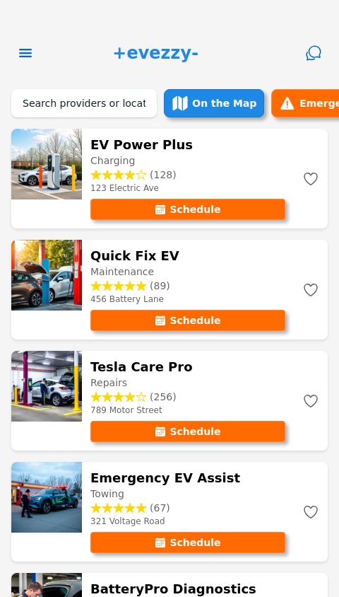 Application to connect electric vehicles’ owners and service and maintenance providers. With a map showing locations for different services.