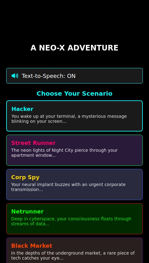 Create me a cyberpunk themed AI powered Chatbased mobile game