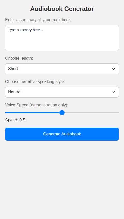 Ausiobook Generator. Given a summary of a audiobook the app can generate the audio and allows to play the audiobook