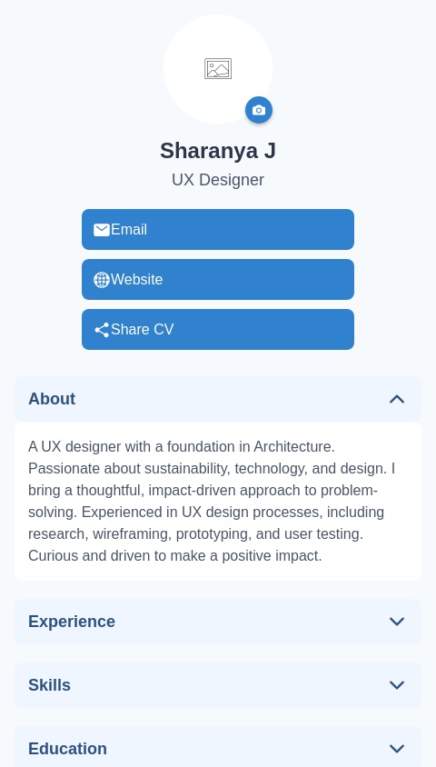 Create a fun and interactive CV page for Sharanya J, a UX designer. This is the content for the CV-

Sharanya J
www.sharanyajc.com
Email- sharanyajc@gmail.com
A UX designer with a foundation in Architecture. Passionate about sustainability, technology,
and design. I bring a thoughtful, impact-driven approach to problem-solving. Experienced in UX
design processes, including research, wireframing, prototyping, and user testing.
Curious and driven to make a positive impact.

EXPERIENCE
UX Design intern — SustainLab, Stockholm, Sweden (Remote)
July 2024 - Nov 2024
● Refined user experiences for a B2B SaaS sustainability data management platform,
focusing on clean, user-centered design and seamless usability
● Collaborated closely with cross-functional teams, including product managers,
developers, and customer success teams, to understand user needs and incorporate
feedback into design iterations
● Created user flows, wireframes, and interactive prototypes in Miro and Figma,
documenting design decisions and ensuring consistent style and brand guideline
adherence
● Represented the design team in UAT, ensuring designs aligned with user needs and
functionality goals
● Streamlined design handoffs and worked with developers to improve communication
through Figma documentation and annotations
● Supported sprint planning in Jira, prioritizing design tasks in an Agile environment based
on evolving platform needs and user feedback.

Architect — Freelance, Mumbai
Oct 2023 - Dec 2023
Independently led a 1850sqft office renovation project in Mumbai
● Coordinated with clients, vendors, and contractors for seamless project execution
● Design presentations and produced technical drawings within tight deadlines
● Planned detailed timelines, tracked progress, achieving delivery within budget and
schedule constraints
● Supervised site coordination and actively participated in hands-on work

Project Architect — Kriya-Architecture, Interiors, Landscape, Kochi
March 2022 - Sept 2023
Project Architect for multiple residential and hospitality projects based in and around Kerala
● Coordinated with various project teams and served as the first point of contact for
clients, vendors, and contractors
● Prepared conceptual designs, moodboards, and presentations
● Developed construction drawings, design solutions and approved GFC drawings
● Handled site visits, measured drawings, material sampling, and vendor meetings

Volunteer Architect — Auroville Bamboo Centre, Auroville
March 2021 - April 2021
● Conducted research and material study for architectural and landscape projects in
Auroville
● Collaborated with bamboo craftsmen and technicians to assess structural stability and
joinery details
● Developed conceptual presentation drawings and marketing materials for bamboo workshop

Architectural Intern — VSLA (Varna Shashidhar Landscape Architecture), Bengaluru
Jan 2019 - April 2019

EDUCATION
Bachelor’s of Architecture
July 2015 - Oct 2020
KLS Gogte Institute of Technology, Belgaum

KEY SKILLS
Hard Skills: UX Research, Writing, UI Prototyping, Wireframing, Interaction Design, Information
Architecture
Soft Skills: Problem Solving, adaptability, empathy, teamwork, detail-oriented
Softwares: Figma, Adobe Creative Suite(Photoshop, familiarity with InDesign/Illustrator), Miro,
FigJam, Jira, Framer, Procreate, SketchUp

ACCOMPLISHMENTS
● Improved the design file structure at SustainLab by conducting interviews with the developer team to identify gaps and inefficiencies in the handoff process, significantly reducing developer queries and improving collaboration.
● Completed handover of a 1200sqft apartment renovation from conceptual design to final construction drawing set in 5 months (teamwork) and featured in Elle Decoration, Vietnam
● Independently led a 1850sqft office renovation project - met and delivered tight
deadlines within budget. Accelerated ideation to execution in 3 weeks.

CERTIFICATIONS
UX Kickstarter Workshop by Growth School
Jan 2024
Acquired essential UI/UX design skills- developed a deep understanding of User Experience
principles, and grasped the business impact of UX design. Additionally, gained proficiency in
wireframing, prototyping, and creating impactful user-centered interfaces and design.