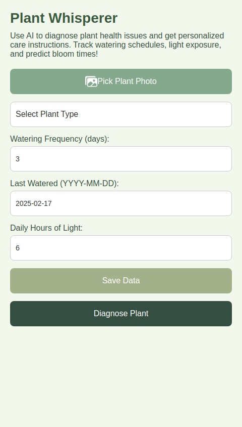 An app called Plant Whisperer that uses AI to diagnose plant health issues from photos and provides personalized care instructions. It can track watering schedules, light exposure, and even predict when plants will bloom