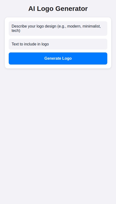 Create me an AI logo generator.
The user can input design Description and text, male the UI stunning of the App and make it so the text in the generated img is only from the Text Description from the user