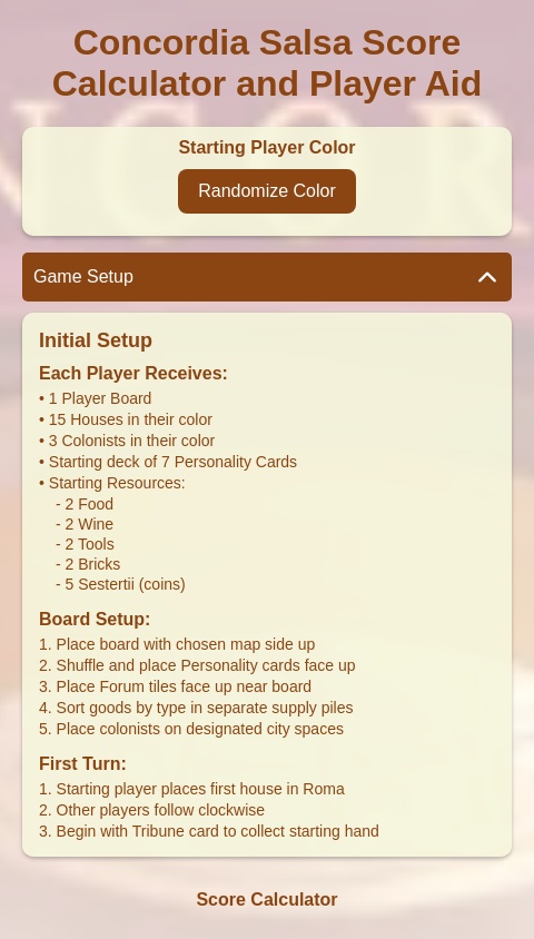 Create an interactive board game guru for Concordia and the Salsa expansion. Create a Concordia Salsa Score Calculator from https://preview--concordia-score-scribe.lovable.app.