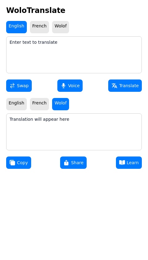 Here’s the final updated prototype for the WoloTranslate app, integrating all the features and improvements we’ve discussed, including easy copying of translations and the click-to-translate functionality. This version is designed to be intuitive, user-friendly, and completely free.


---

App Concept: "WoloTranslate" – The Ultimate Free AI Wolof Translator


---

Core Concept:

WoloTranslate is a free, AI-driven translation app designed to break down language barriers by providing real-time translations from any language (focused on English and French) to Wolof and vice versa, without any restrictions, subscriptions, or censorship. This app is not only for translating text but also for learning Wolof, assisting businesses, and providing government institutions with an accessible tool for seamless communication.


---

Key Features of WoloTranslate:

1. Real-Time Translation:

Text Translation: Translate text from any language to Wolof, with no word or character limits. Whether you're translating a short sentence or a lengthy report, the app provides accurate, real-time results.

Voice Translation: Instantly translate spoken words or entire conversations into Wolof. Whether you're speaking directly into the app or engaging in a real-time voice exchange, translations happen instantly.

Contextual Accuracy: The AI engine ensures that translations are contextually accurate, taking into account slang, idioms, and local dialects to provide natural-sounding translations.

No Word Limits: The app has no character or word limits for text translation, ensuring the app is useful for any size of content—short messages, articles, academic papers, or entire books.


2. PDF & Document Uploads:

Document Translation: Upload PDFs, Word documents, Excel sheets, and more. The app will extract and translate the content of these documents into Wolof, preserving the original structure and formatting.

Bulk Uploads: Support for multiple documents can be uploaded and translated in a batch without limits, ideal for business or institutional use.

No Censorship: The app will translate any document or content regardless of the subject matter, without filtering or censoring content in any way. From academic articles to personal opinions, the app ensures full freedom of translation.


3. Context-Aware Translation Engine:

Culturally Informed: The translation engine is designed to understand the nuances of Wolof, including cultural references, local idioms, and context-specific meanings.

User Adaptability: If a translation is awkward or incomplete, users can adjust it. The app will learn and adapt over time, improving translation quality based on real-time feedback.

No Censorship: Whether the content is controversial, sensitive, or explicit, the translation engine operates without filtering or censoring content. Every word or phrase will be translated accurately and without restriction.


4. Offline Translation:

Offline Mode: Users can access Wolof translations offline, perfect for travel, remote areas, or when there’s no internet connection available.

Offline Document Support: Allow translations of documents, PDFs, and texts without needing an active internet connection, ensuring users have continuous access.


5. Wolof Learning Mode:

Interactive Lessons: For users who want to learn Wolof, the app provides lessons on grammar, vocabulary, sentence construction, and local dialects. These lessons are free, interactive, and designed for all skill levels.

Practice Mode: Users can practice phrases and sentences, getting instant translations and corrections to improve their language skills.

Pronunciation Help: The app provides audio guides for correct pronunciation, including Wolof’s tonal nature, helping learners master spoken language skills.


6. Community Contributions:

Open-Source Contributions: The app encourages community feedback and contributions. Users can submit suggestions, corrections, or alternate translations that the AI engine will adopt and learn from over time.

Real-Time User Feedback: If users encounter errors or awkward translations, they can suggest edits to improve the system’s accuracy, making the translation engine more reliable with each use.


7. No Restrictions, Full Access:

Complete Freedom: The app offers full, unrestricted access to all features—no paid subscriptions, no limitations on document length, and no censorship. Every user can access the complete range of translation tools for free.

Transparent Operations: Everything is open and accessible. Users are free to upload any content (from personal stories to professional documents) and the app will translate it all. There’s no filtering or editing of words based on sensitivity or subject matter.


8. Multi-Use Application:

For Individuals: Personal translation for travelers, students, professionals, or anyone looking to communicate in Wolof.

For Businesses: Professional translations of contracts, emails, marketing materials, and corporate documents, all with the same free access.

For Government & Public Institutions: Agencies can use the app for translating public documents, reports, and official communications, ensuring everyone can access important information, regardless of language.


9. AI-Powered Chatbot & Live Conversations:

Chatbot for Instant Translation: The chatbot feature enables real-time conversations between users, allowing them to chat in Wolof or any other language, with instant translation as the conversation unfolds.

Live Chat: Engage in live conversations with native speakers or other users in Wolof, receiving real-time translations and contextual feedback.


10. Voice Commands & Personal Assistant:

AI Voice Assistant: The app comes with an AI-powered assistant that can help with translations, provide language learning support, and answer Wolof-related questions via voice commands.

Hands-Free Mode: Enable users to interact with the app using voice commands for translations, document uploads, or Wolof lessons while keeping their hands free to focus on other tasks.



---

Updated Features:

11. "Click-to-Translate" Functionality:

Instant Translation with One Click: Users can automatically detect if content is already translated. If a user enters content that has already been translated, the app will simply display the translation, without requiring the user to click “copy” or re-enter any data.

Seamless User Experience: Users can click on any text to instantly translate, with the app making sure not to duplicate translations. If the content has already been translated, users will see the result immediately, ready to read, share, or copy. No more unnecessary actions.

No Copying, Just Viewing: The app will automatically show translated text, without the need for users to press any buttons for copy-pasting. The translated text is visible in full, with the original context intact.


12. Easy Copying of Translations:

One-Click Copy: After the translation appears, users can instantly copy the translated text with just one click. A "Copy" button will be placed directly next to the translated text, allowing users to easily copy content without any hassle.

Smooth Flow: Once a translation is displayed, users can simply press the "Copy" button to store the translation in their clipboard and use it wherever they need.

Copy All: If the user has a larger document or multiple lines of text translated, the app will also feature a "Copy All" button, allowing users to copy the entire translated content with just one click.



---

Monetization Strategy:

Completely Free: All features of the app are available for free, with no paywalls or subscriptions. Users can access text and voice translations, upload and translate documents, and use the Wolof learning mode without any cost.

Donations: Optional donations can be made by users who want to support the app’s development, but these are completely voluntary and will not affect app access.

Crowdsourced Funding: The app can be supported by community-driven funding, ensuring it remains free and accessible to everyone.



---

Why WoloTranslate Is Groundbreaking:

Free and Open: With no restrictions, no subscription fees, and no censorship, WoloTranslate stands apart from any other translation app available. This makes it a truly open-source, community-driven project that empowers users to break down language barriers for free.

Full Document Support: Unlike other translation tools, which impose word or character limits, WoloTranslate handles unlimited document lengths—perfect for professional, academic, or personal use.

Uncompromising Accuracy: No matter the content—be it explicit, sensitive, or controversial—the app translates everything accurately and without any form of censorship.

Culturally Accurate: By integrating the cultural context of Wolof and its local dialects, the app ensures that translations are not just linguistically correct, but also culturally relevant.

Seamless User Experience: The click-to-translate and easy copying features ensure users can quickly translate and use the content without unnecessary steps, maintaining a smooth and efficient interface.



---

Conclusion:

WoloTranslate is not just a translation app—it's a revolutionary tool for cross-cultural communication, learning, and sharing. With its unrestricted access, real-time translation, no censorship, and community-driven improvements, this app will redefine what it means to translate languages, particularly Wol

