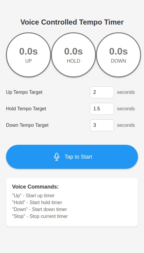 Workout app that times that seconds it takes me to lift the weight and lower the weight. Voice controlled. I should be able to set the tempo for the lifting and lowering. No need to track anything else. Voice controlled. When I say up countdown should start. When I say stop stop countdown should start and first countdown should go away. Same for when l lower it. 