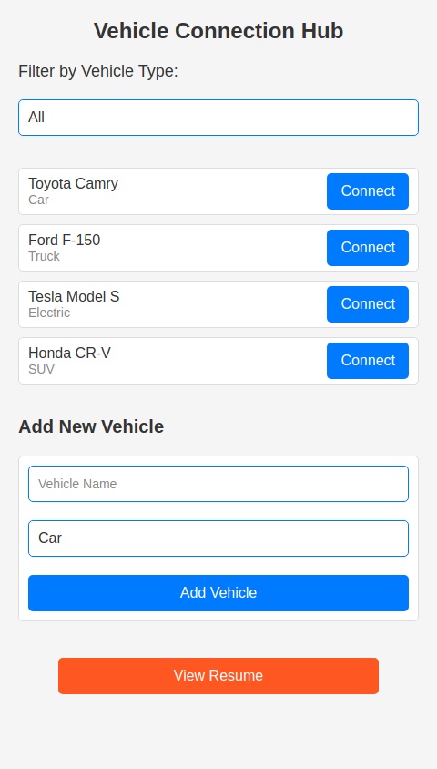 An app that connects me to all my vehicles on a single platform. 

Resume link: https://drive.google.com/file/d/1PwiSxNQo_4mBugFsT0Qb-YrSuo5EbYYU/view?usp=sharing