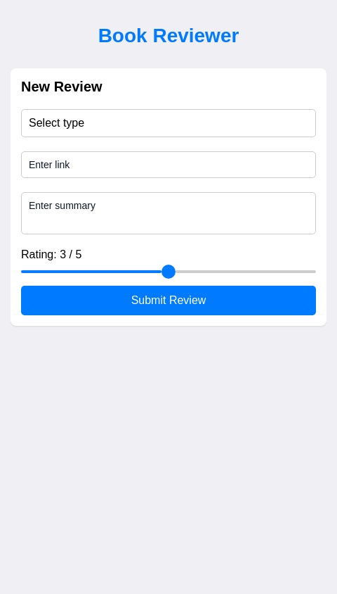 Design a sleek and modern book reviewer app where users can share and discover insightful reviews of books, articles, and podcasts. The app should allow users to post links, write summaries, and rate content, with an intuitive interface that encourages engagement. Include social sharing features so users can recommend reviews to friends, create reading lists, and discuss their favorite reads. Ensure a clean, user-friendly layout with smooth navigation and a visually appealing design.