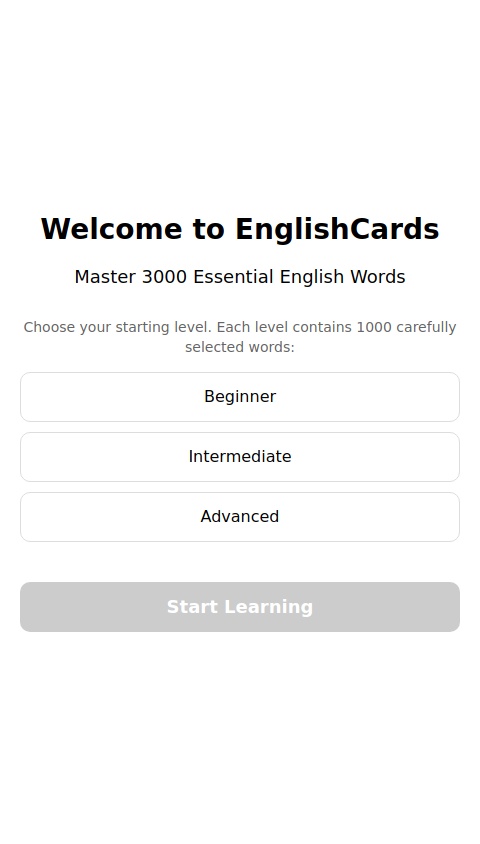 

"Design a modern and visually appealing application for learning English vocabulary, specifically tailored for Russian-speaking users. The application should feature a sleek, user-friendly interface, utilizing digital flashcards as the core method for learning and reviewing words. Incorporate the following functionality to enhance user engagement and learning outcomes:

1. Onboarding and Personalization:

A welcome screen introducing the app's purpose and features.

Personalized learning paths based on the user's level (beginner, intermediate, advanced) and goals (e.g., travel, business English, academic vocabulary).

Optional placement test to determine initial proficiency level.



2. Flashcard Learning:

Interactive flashcards with English words, their Russian translations, pronunciation guides, and example sentences.

Option to listen to native speaker pronunciation for better learning.

Images or icons associated with words to aid memory through visual association.



3. Progress Tracking:

Daily, weekly, and monthly learning goals.

Visual progress charts showing mastered words and overall achievements.

Streak tracking to motivate consistent learning.



4. Spaced Repetition System (SRS):

Intelligent scheduling of flashcard reviews to optimize retention using SRS algorithms.

Notifications for daily practice and review sessions.



5. Interactive Quizzes and Games:

Multiple-choice quizzes, word scrambles, and matching games for engaging practice.

Timed challenges to test speed and recall.



6. Custom Vocabulary Lists:

Pre-built word lists by theme (e.g., travel, food, technology).

Ability for users to create and save their own vocabulary sets.



7. Social and Competitive Features:

Leaderboards for friendly competition.

Options to share progress and achievements with friends.

Community forums or chat groups for peer interaction.



8. Offline Mode:

Access to downloaded vocabulary sets and progress tracking without an internet connection.



9. Premium Features (Optional):

Advanced learning statistics.

Access to premium vocabulary packs or additional features like grammar lessons and video explanations.



10. Accessibility:

Support for dark mode for comfortable night-time use.

Voice input for hands-free learning.

Adjustable font sizes and text-to-speech support for users with visual impairments.




Ensure the app has a modern aesthetic with clean typography, intuitive navigation, and a playful yet professional color palette. Use animations and transitions sparingly to maintain focus on learning while keeping the experience smooth and enjoyable."

