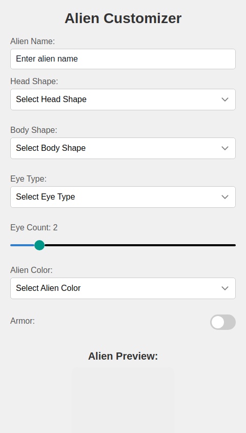 A game where you can customise an alien, like his name, color, head shape, body shape, eye count, eye type and Armor